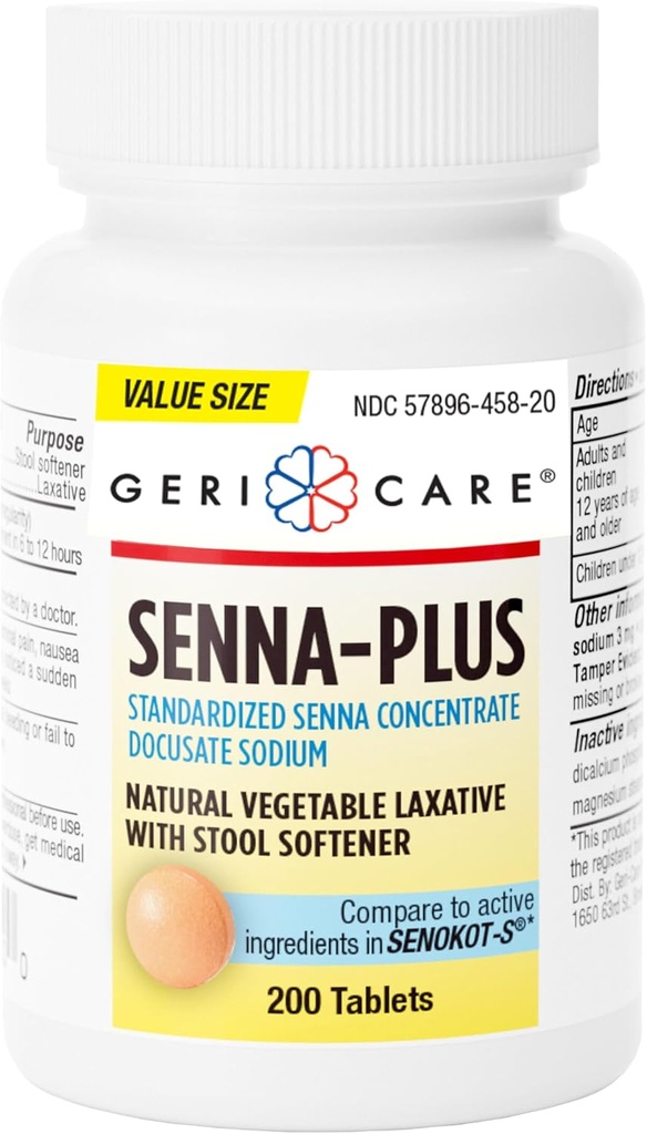 GeriCare Senna Plus Laxatif naturel avec Adoucisseur de tabouret, Docusate Sodium 50mg, Sennosides 8,6mg, 200 comprimés (paquet de 1)
