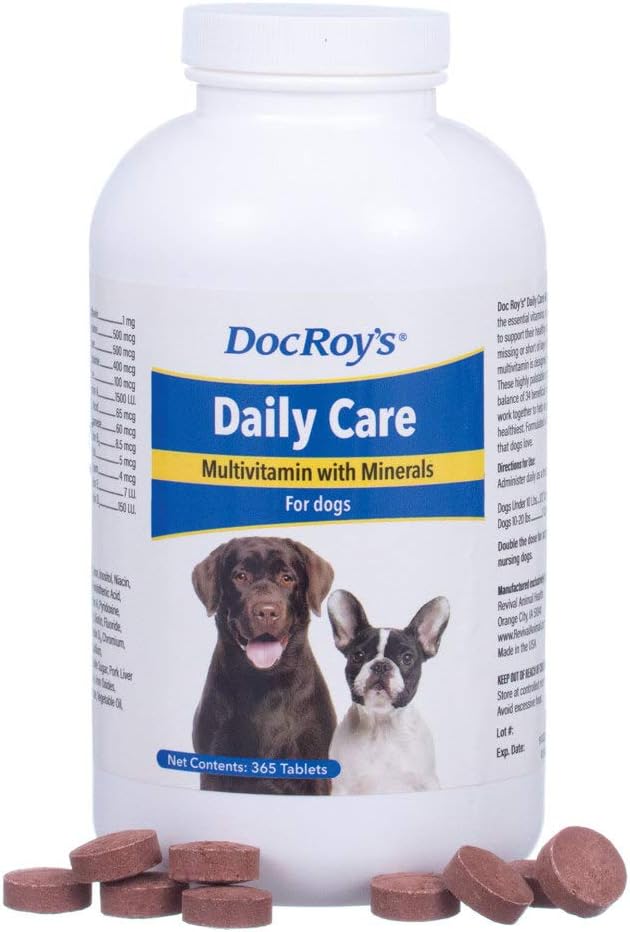Multivitamine de soins quotidiens de Doc Roy avec minéraux pour chiens- Supplément de santé quotidienne canine- 365 ct comprimés