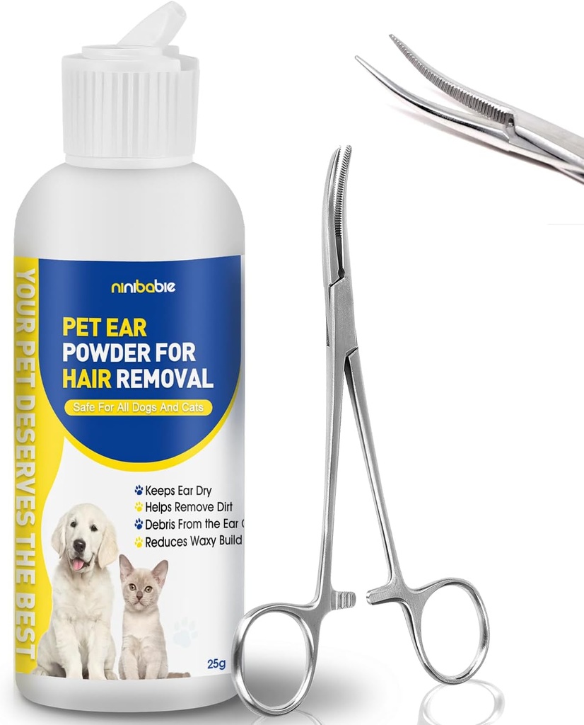 Poudre d'oreille pour chiens, traitement de l'infection à l'oreille de chien avec des pinces de 5,5 pouces courbées, poudre d'oreilles amovibles, adoucit les oreilles démangeaisons et se débarrasse
