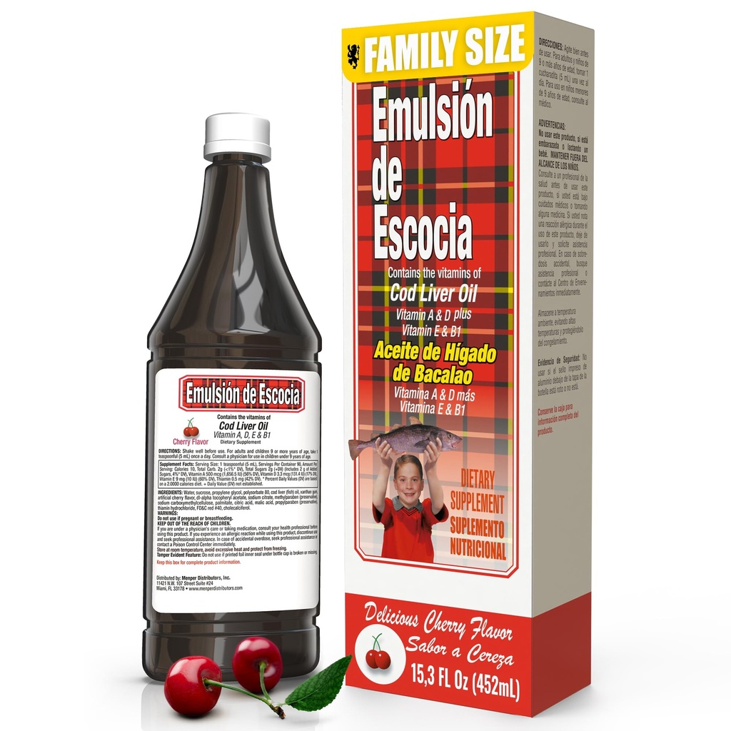 Emulsión de Escocia à l'huile de foie de morue – Saveur de cerise – Vitamines A, D, E & B1 pour Immune et soutien du foie – Supplément liquide pour les enfants – 15.3 Fl Oz