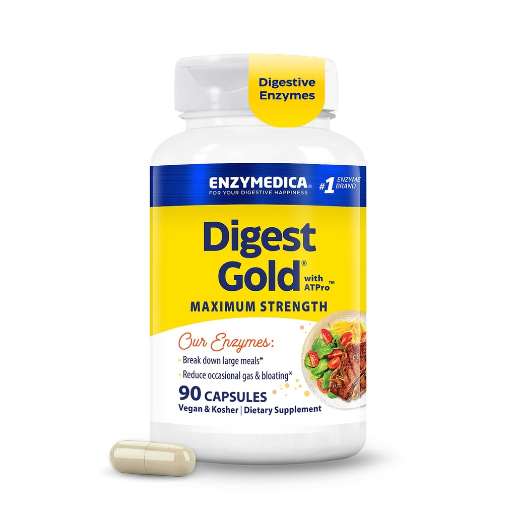 Enzymedica Digest Gold + ATPro, Force maximale, Fast-Acting, aide à digérer de grands repas, pour le soufflage et le gaz, 90 Capsules