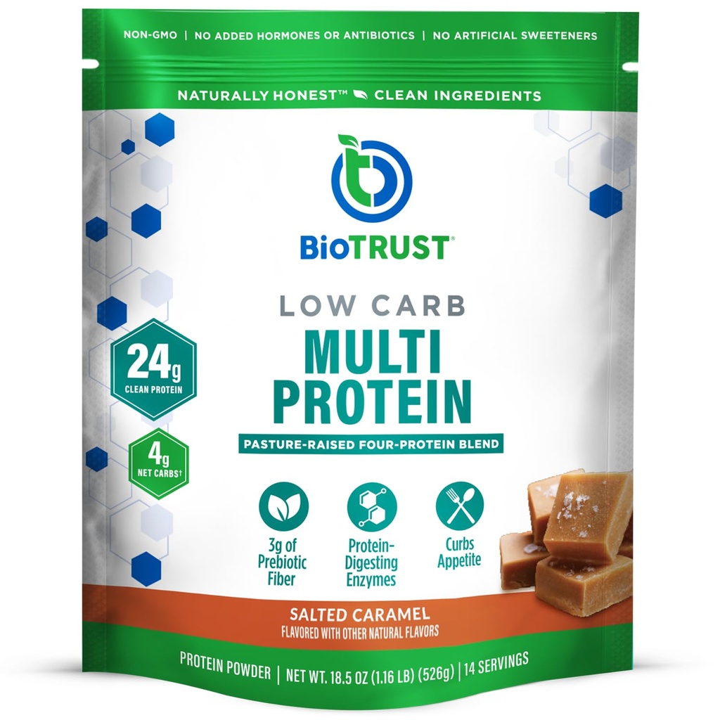 Poudre de protéines de faible teneur en glucides de BioTrust - Poudre de protéines de lactosérum et mélange de caséine provenant de bovins alimentés à l'herbe, aux pâturages et aux enzymes digestives - Caramel salé, 14 portions