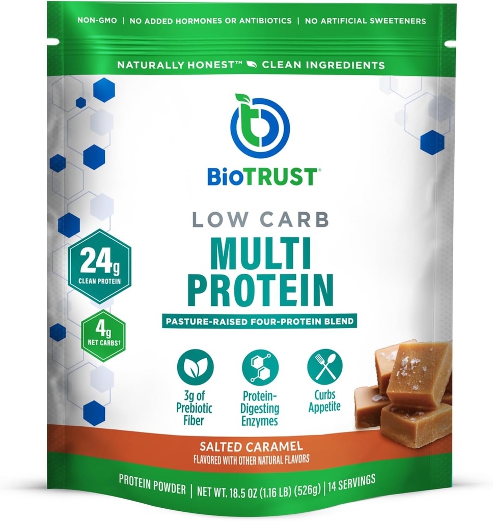 Poudre de protéines de faible teneur en glucides de BioTrust - Poudre de protéines de lactosérum et mélange de caséine provenant de bovins alimentés à l'herbe, aux pâturages et aux enzymes digestives - Caramel salé, 14 portions