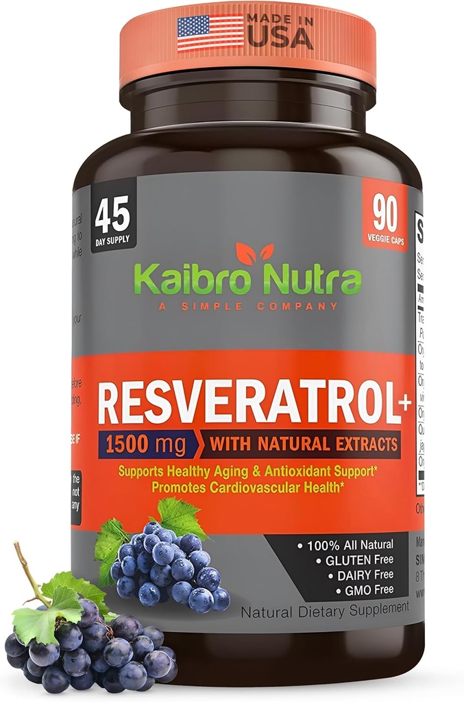Kaibro Nutra Resveratrol Supplément, 1500mg Extra Strength Trans Resveratrol, Quercetin avec des extraits japonais, anti-âge, radiant peau et protection immunitaire, végétalien et non-OGM, 90 capsules