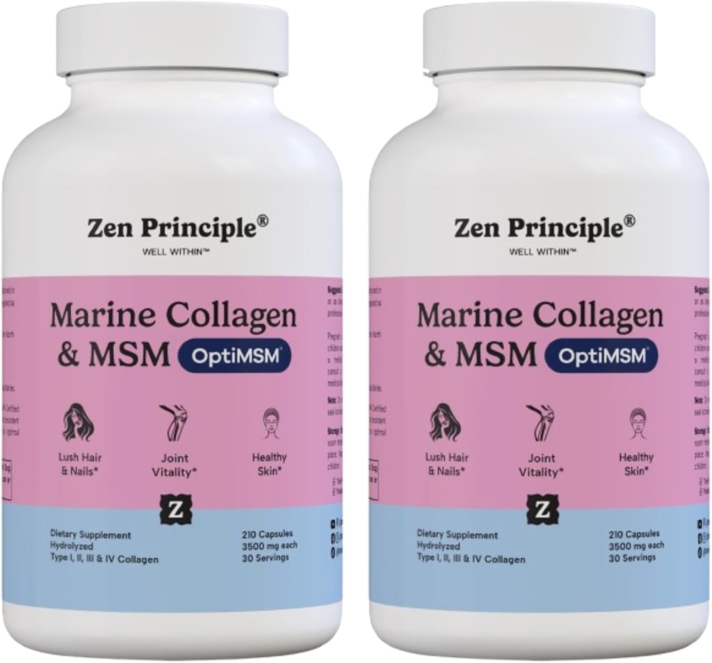 Principe Zen Poudre de Peptides de Collagène Marine avec Supplément OptiMSM®. Testé cliniquement pour le soutien cutané. Poisson sauvage, non OGM. 420 Capsules.