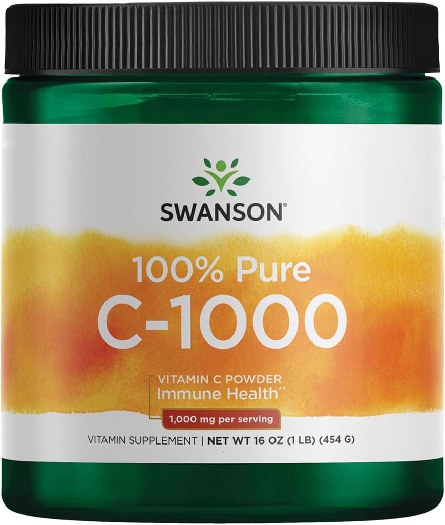 Swanson Vitamine C poudre Acide ascorbique pur à 100%, système immunitaire, santé de la peau, santé cardiovasculaire, supplément antioxydant 1000 mg (par portion) 1 lb. 454 g