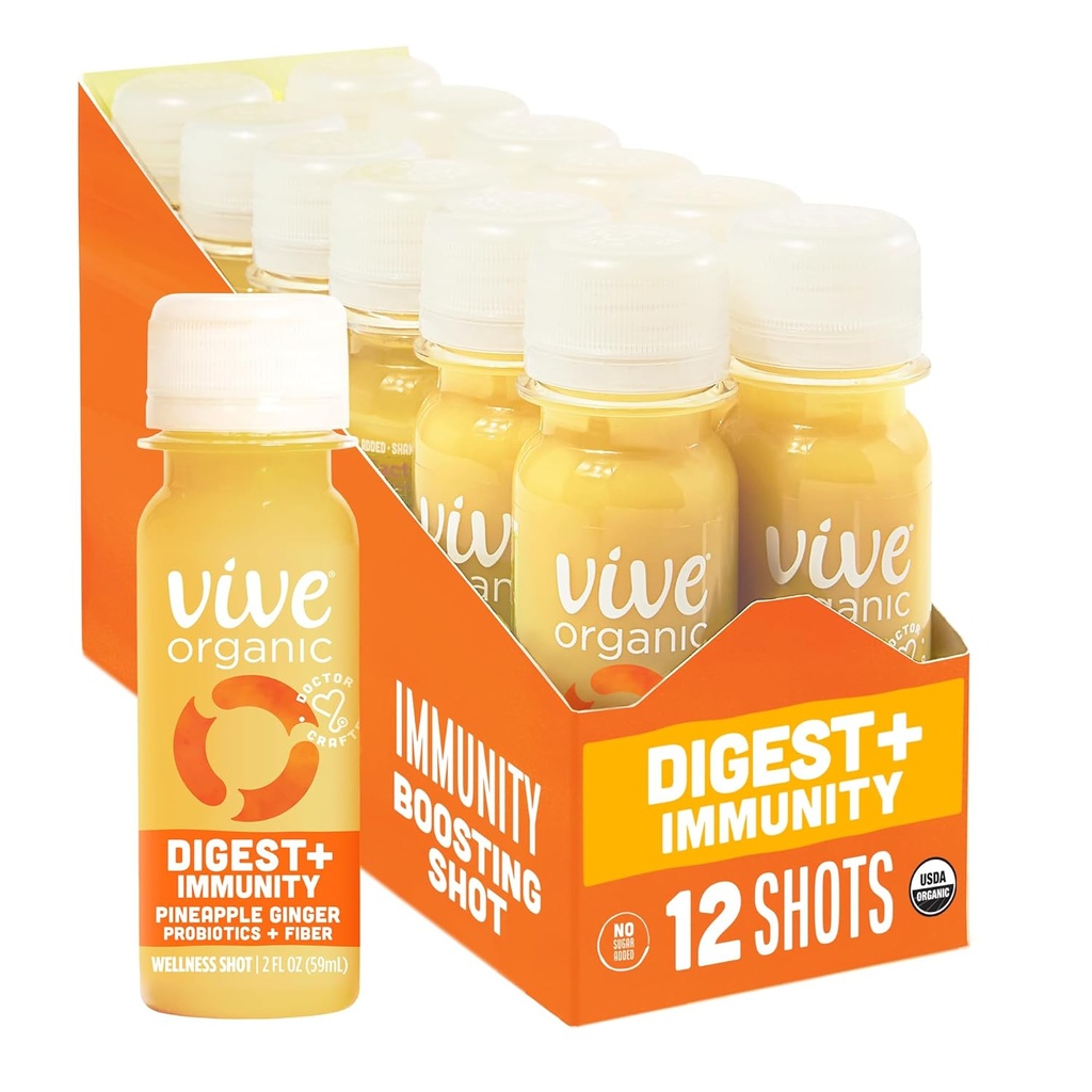 Vive Organic Digest + Immunity Dual-Boost Shot, Aloe Vera pressé à froid, cidre de pomme, probiotiques, 2g fibre, sans gluten, végétalien, 2 Fl Oz (paquet de 12)