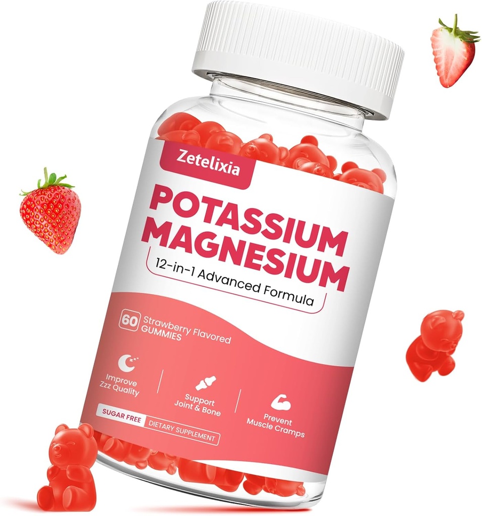Supplément de magnésium de potassium Gommies pour adultes Enfants, Glycinate de magnésium et Citrate de potassium, Plus Multivitamine, Poivre oméga-3 et noir, Crampes des jambes, Santé musculaire et cardiaque, 60ct