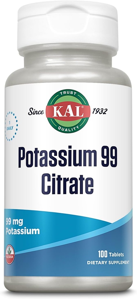 KAL Citrate de potassium 99mg, bilan fluidique et électrolyte, supplément de potassium pour le soutien de la santé musculaire, nerveuse et cardiaque, végétarien, absorption améliorée, garantie de 60 jours, 100 portions, 100 comprimés