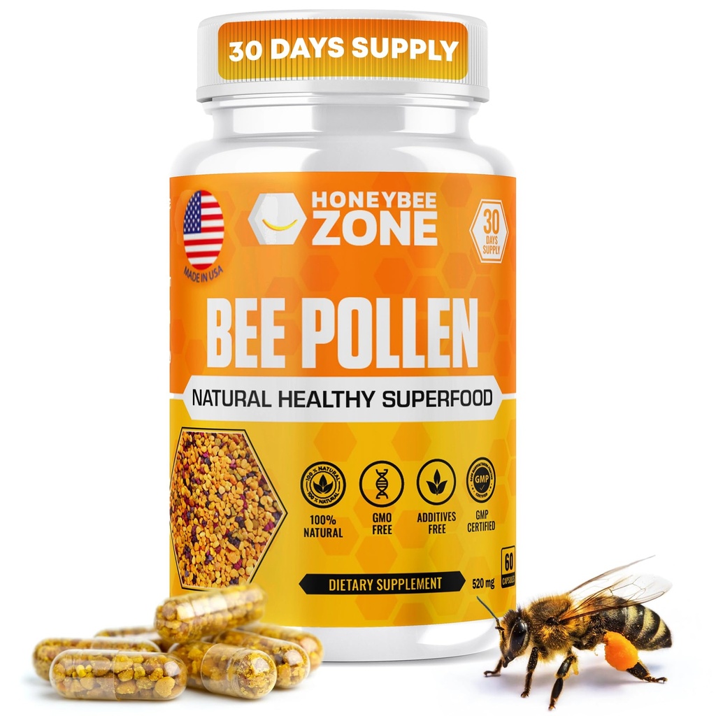 Complément pollen de l'abeille pollen cru 100% naturel de l'abeille dans les capsules de Veggie Pollen fermenté Multivitamine, Probiotique Superfood, Protéines vitales, acides aminés, immunosupport et énergie 60 capsules de pollen