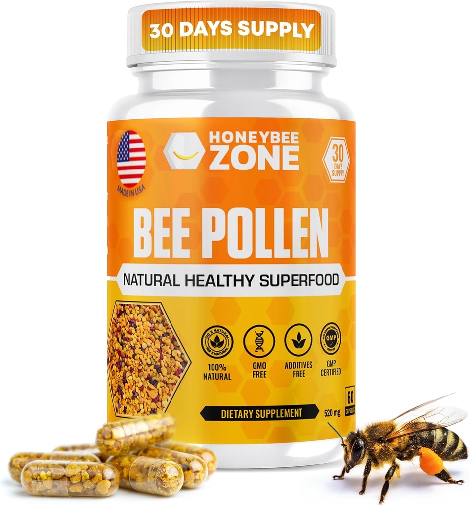 Complément pollen de l'abeille pollen cru 100% naturel de l'abeille dans les capsules de Veggie Pollen fermenté Multivitamine, Probiotique Superfood, Protéines vitales, acides aminés, immunosupport et énergie 60 capsules de pollen