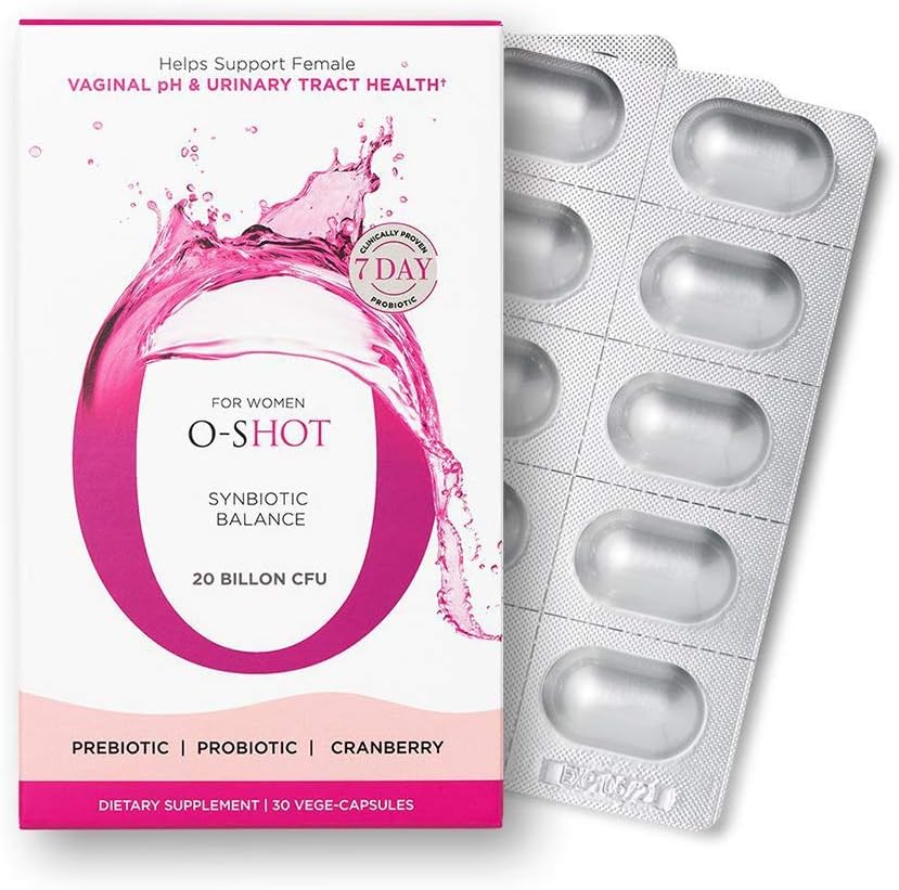 O-Shot (r Probiotique vaginal végétalien + Prébiotique pour les femmes, Extrait de canneberge, Racine de chicorée, pH vaginal, Tract urinaire, Digestion, Bloatation, Non laitière, Non OGM, Sans gluten, 30 Végétaux-Capsules