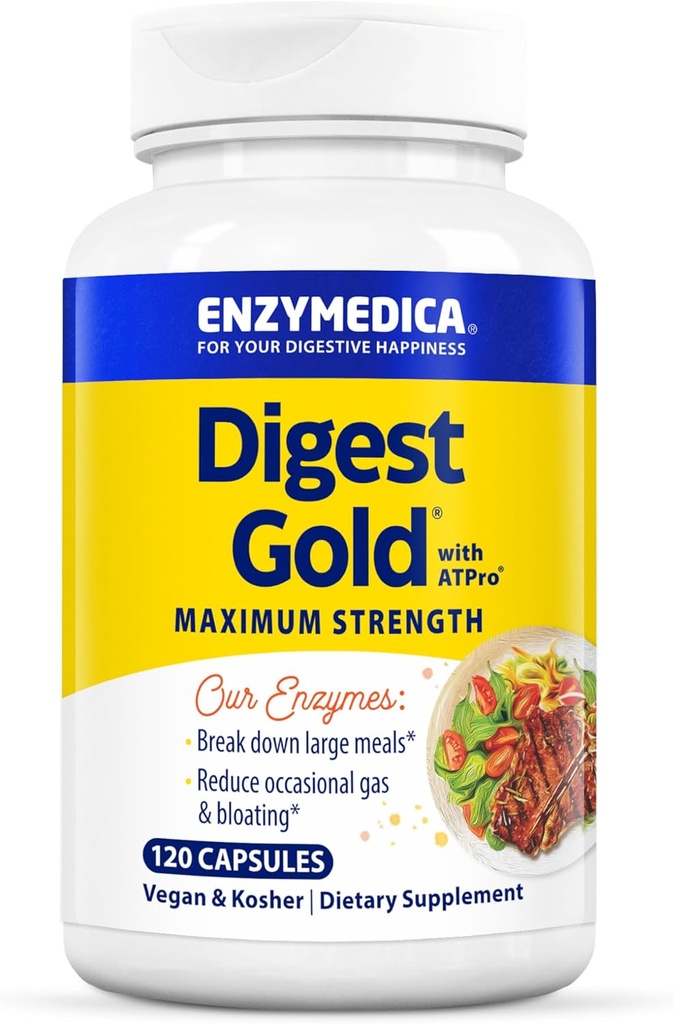 Enzymedica Digest Gold + ATPro, Enzymes digestives à force maximale, aide à digérer les repas gros, pour le gaz et le ballonnement, 120 Capsules