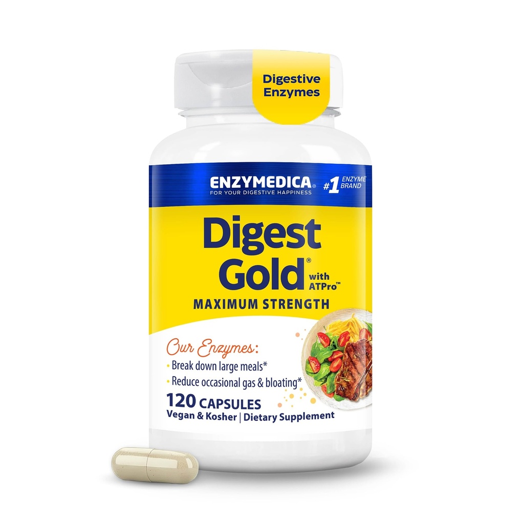 Enzymedica Digest Gold - Digestive Enzyme Supplement for Women & Men, Enzyme Capsules for Digestion, Gut Health Support, Helps Gas & Bloating, ATPro Energy Support, Maximum Strength, Vegan - 120 Count