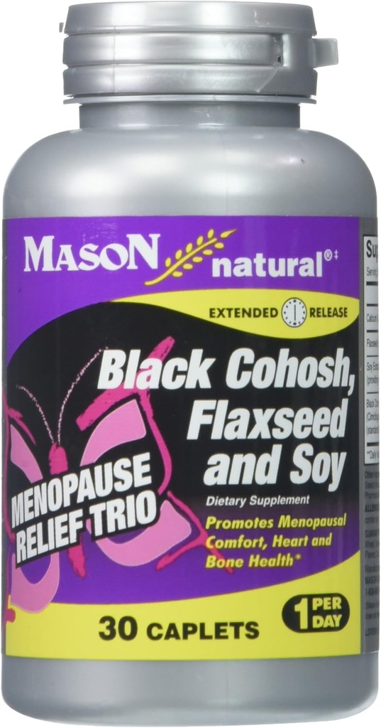 MASON NATURAL Ménopause Trio: Cohosh noir, lin et soja (Extended Release) - Peut atténuer les éclairs chauds et les sueurs nocturnes*, soutient l'équilibre hormonal sain*, 30 caplets