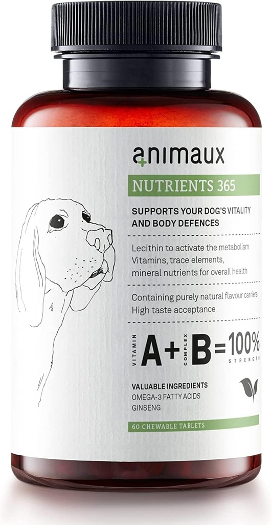 animaux – nutriments 365 pour chiens, vitamines tout-naturelles, système immunitaire sain, vitalité, peau saine, manteau brillant, nourriture crue, chiots, chiens avec allergies, 60 comprimés à croquer, 60 jours d'approvisionnement