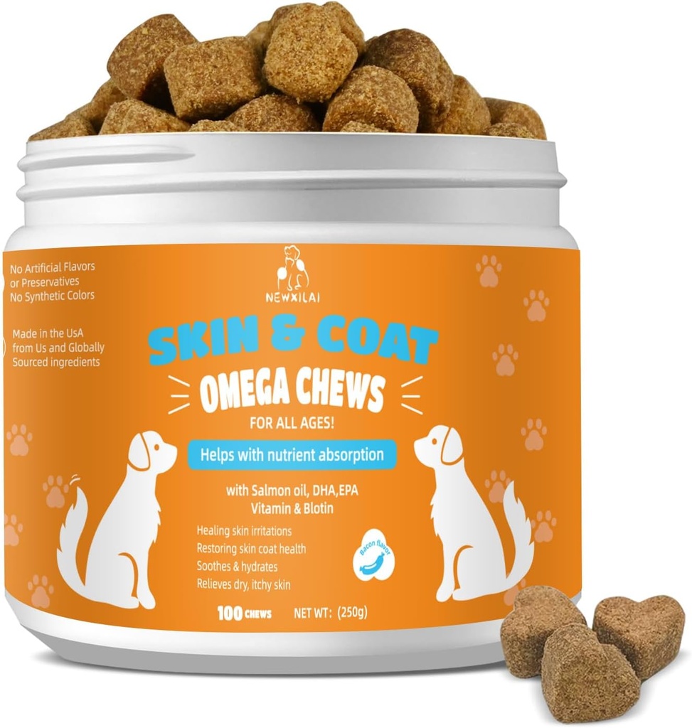 Skin and Coat Chews for Dogs - Démangeaisons Skins Supplément de chien Soutien aux taches chaudes Confort et santé des articulations allergiques avec l'huile de poisson Omega 3 EPA & DHA Acides gras, Bacon Flavor 100 Count Softs Treats