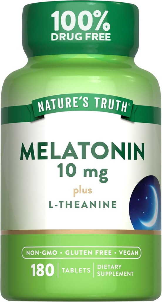 Nature's Truth Melatonin Comprimés $ 10mg $ 180 Comte $ avec L-Theanine $ Supplément sans drogue 100% pour les adultes $ Vegan, non-OGM et supplément sans gluten