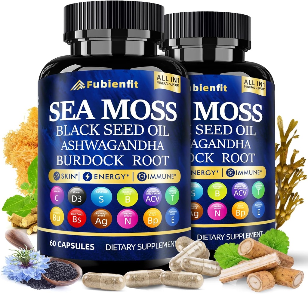 (2 Pack) Capsules de mousse de mer biologique - Contient de la mousse de mer Huile de graines noires ashwagandha Gingembre racine et vitamines essentielles - Superaliments pour stimuler immunitaire, la santé digestive et le bien-être général
