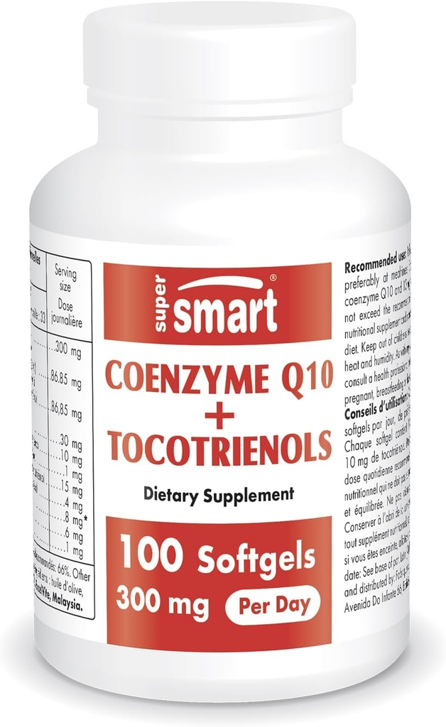 Supersmart - Coenzyme Q10 + Tocotriénols 300mg par jour (breveté et biodisponible) - Supplément CoQ10 avec tocotriénols - Extrait d'huile de palme sans OGM et sans gluten - 100 softgels