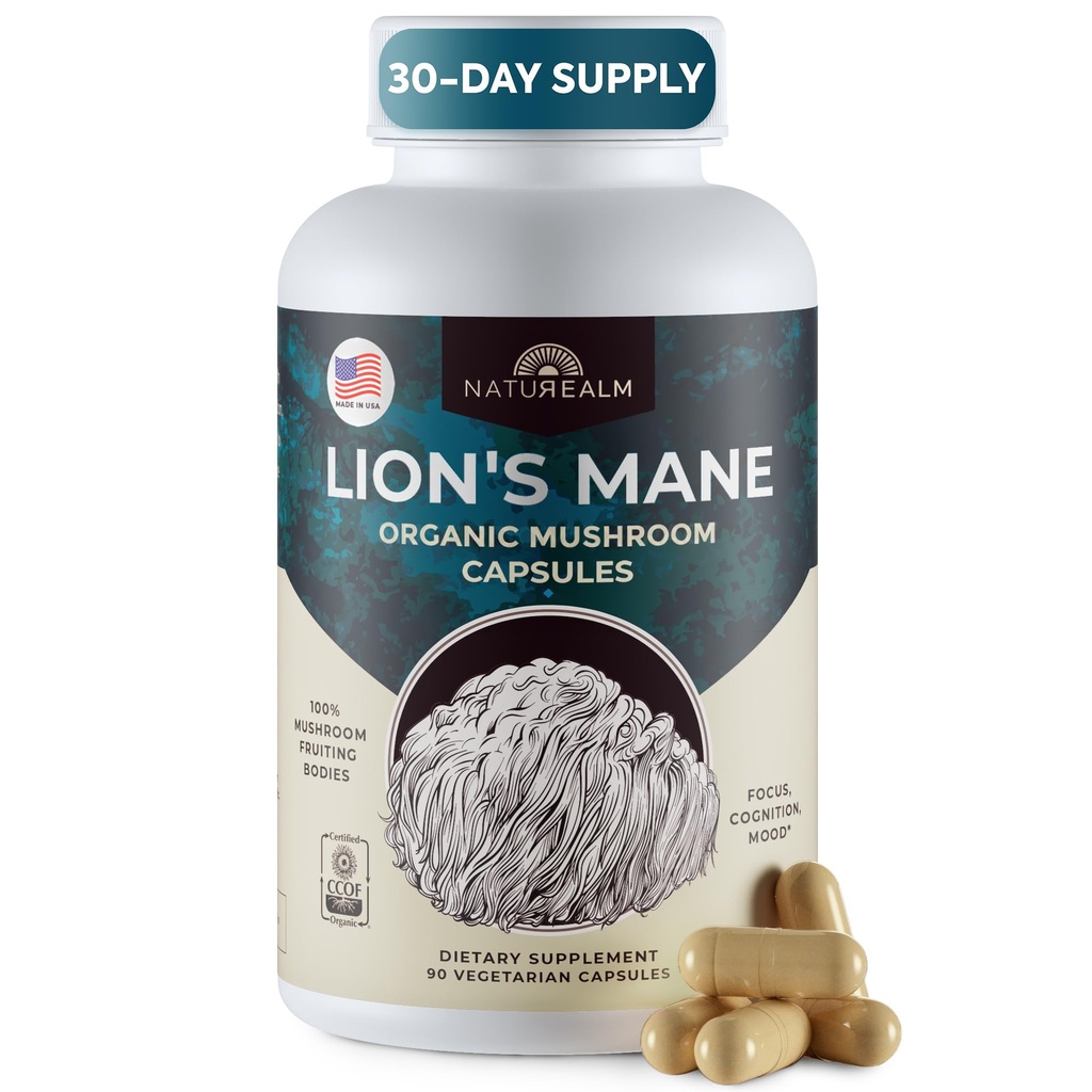 Lions de nature Lions Mane Supplément de champignons - Soutien biologique du cerveau pour la mémoire de focus Clarté mentale - Fonction cognitive non OGM - 90 Capsules végétariennes