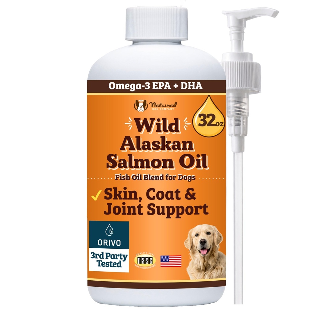 Natural Dog Company Wild Alaskan Salmon Oil Formula with Omega 3, Fish Oil for Dogs Complement, Skin & Coat Dog Oil, Itchy Relief, Immune Support for Joints & Heart, Food Topper, 32 oz