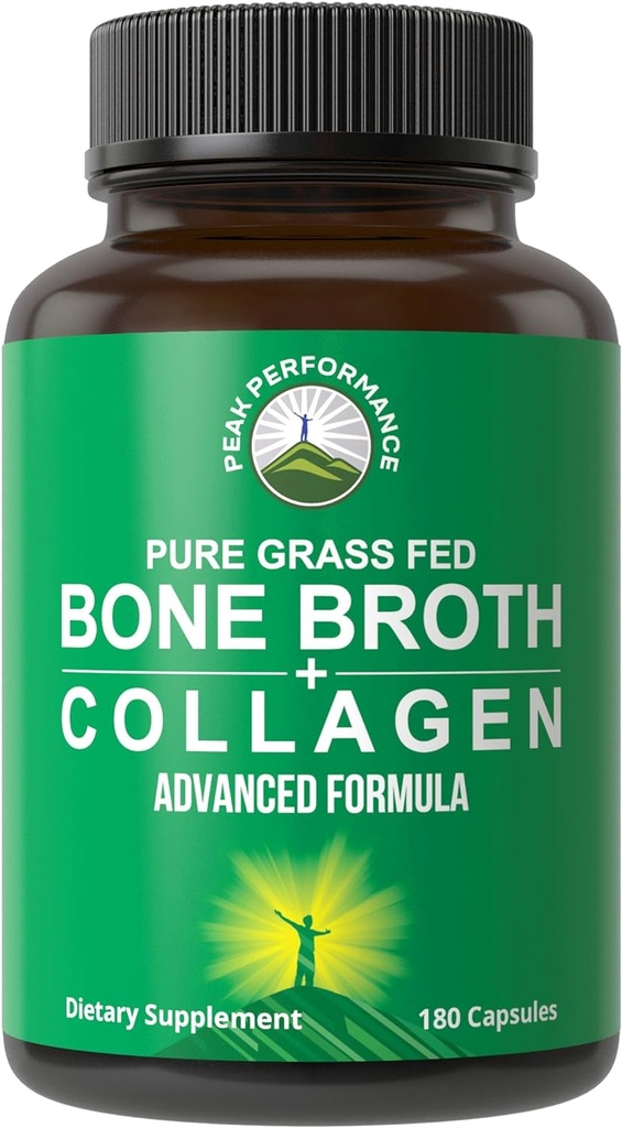 Bone Broth Collagen Capsules. 180 Pills of Grass Fed Bone Broth Collagen Protein Peptides. Contains All 3 Types 1, 2, and 3. Pure Pasture Raised Paleo Friendly Tablets for Women and Men