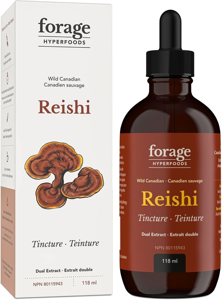 Forage Hyperfoods- Original Canadian Wild Reishi Mushroom Superfood Liquid Supplement Extract Tincture, Vegan, Non-GMO, Improves Immune System and Stress Response, Natural Calm, 118ML