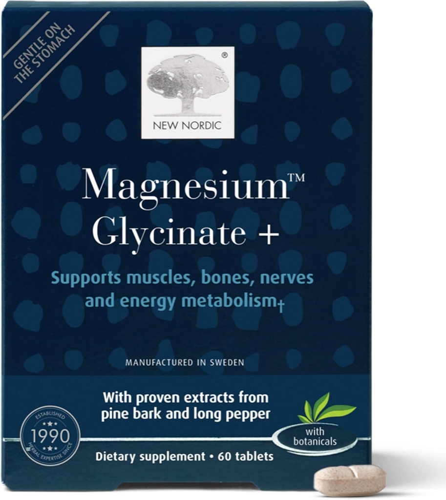Nouveau Glycinat de magnésium nordique, 220 mg Comprimés d'absorption maximum avec écorce de pin et poivre long, doux sur l'estomac pour les femmes et les hommes, 30 portions