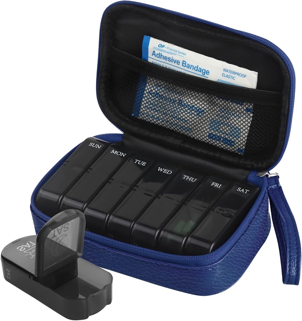 Housse d'organisateur hebdomadaire de sacs en cuir PU 2 fois par jour, AM PM Pill Box quotidien pour tenir la vitamine, l'huile de poisson, les suppléments et la médecine (bleu)