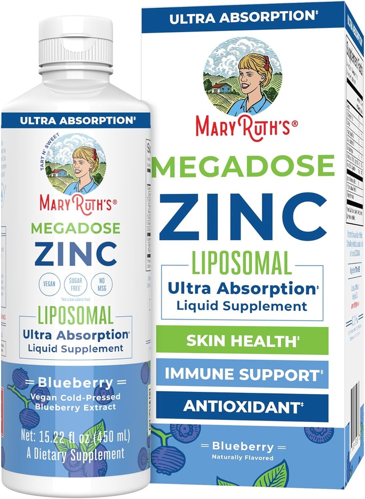MaryRuth Organics Supplément nutritionnel , Supplément de zinc liquide liposomique avec vitamine E , Santé globale et soins de la peau , Blueberry , Vegan , Non-OGM , sans gluten , Pas de sucre ajouté , 15.22 Fl Oz