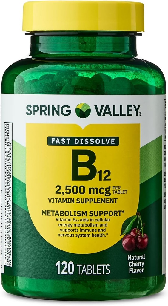 Spring Valley, vitamine B12 2500 MCG, B12 Comprimés de cerises à diffusion rapide Supplément alimentaire, vitamine B12, 120 Compte - Nouveau look (paquet de 1)