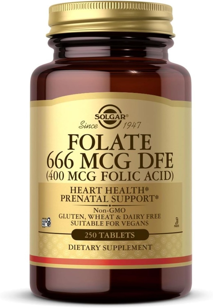 Solgar Folate 666 mcg DFE (acide folique 400 mcg) - 250 comprimés - Soutien prénatal - Non-OGM, végétalien, sans gluten, sans lait, sans casher - 250 portions