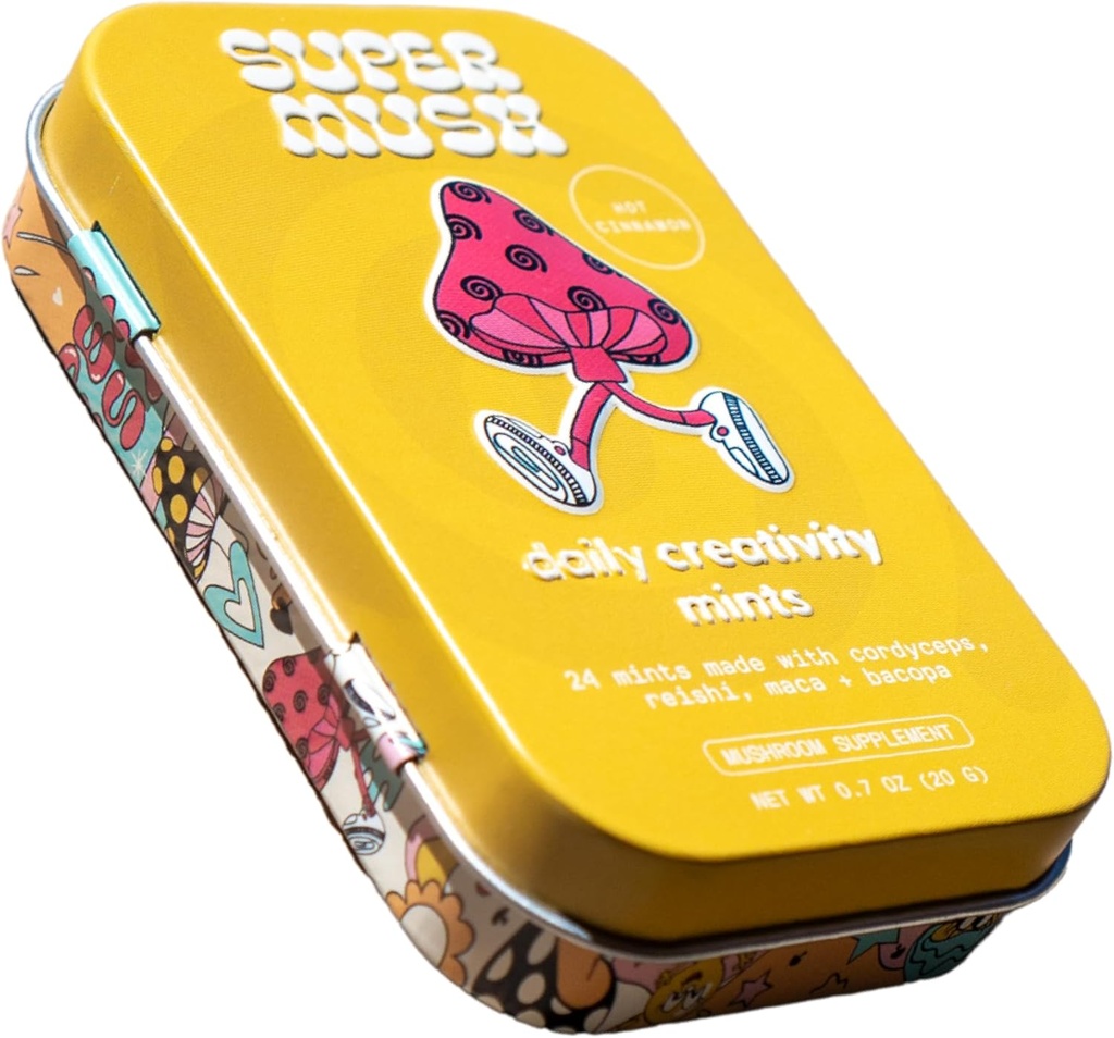 SuperMush Daily Creativity and Connection SuppleMint | Cordyceps, Reishi, Maca & Bacopa Monnieri Mixed Mushrooms Extract | Pure Breath Mint for Creativity & Connection | 20g Organic Mushroom Mint