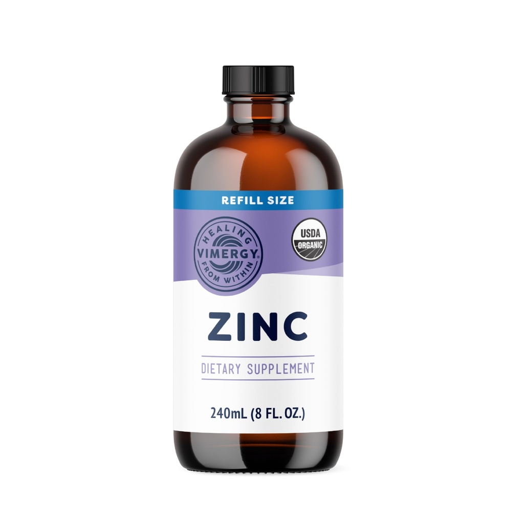 Suppléments de zinc biologique Vimergy pour les femmes et les hommes (7,5mg de zinc liquide par portion) Soutien immunitaire à absorption rapide, favorise la santé des os et de la peau, certifié USDA biologique, végétalien, jusqu'à 120 portions (240mL)