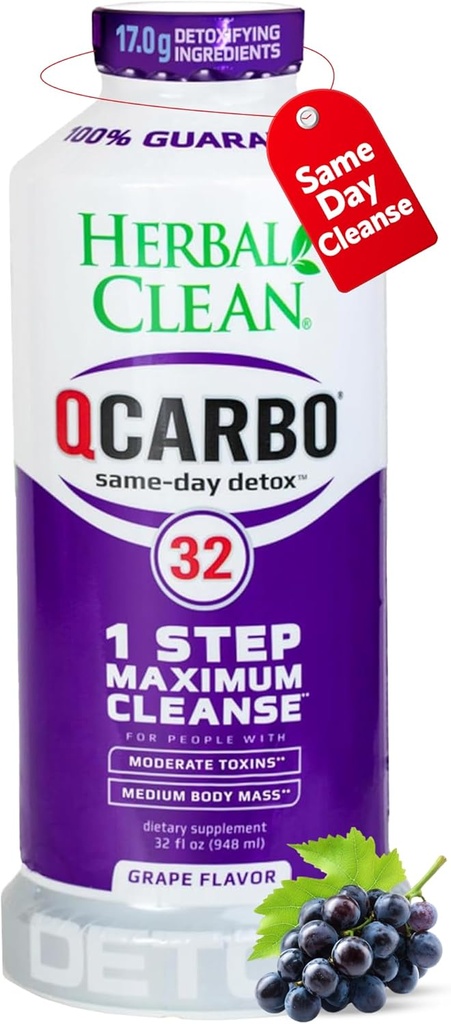 Herbal Clean Qcarbo32 Same Day Detox Cleanse Drink (32 fl oz) - Grape Flavor Full Body Cleanse* Detox Drink for high Texin Level*, Vitamine B2 et Vitamine B12 pour les hommes et les femmes