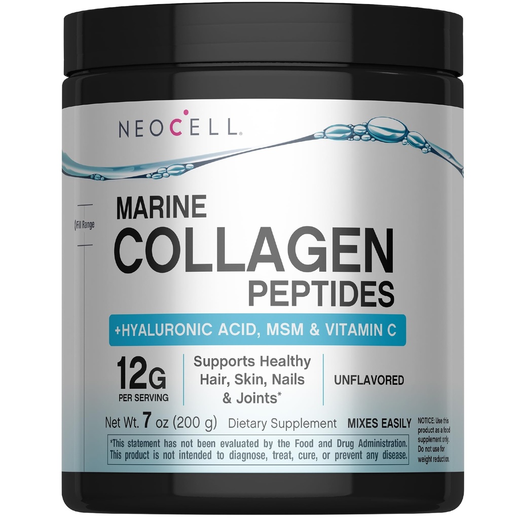 Collagène marin Neocell avec acide hyaluronique, MSM et vitamine C, suppléments de collagène kéto, pour soins de la peau et santé articulaire, non aromatisé, poudre, 7 oz, 1 canister
