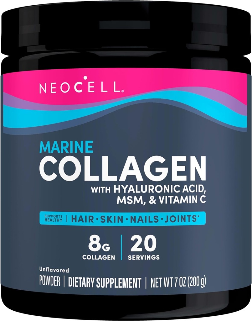 Collagène marin Neocell avec acide hyaluronique, MSM et vitamine C, suppléments de collagène kéto, pour soins de la peau et santé articulaire, non aromatisé, poudre, 7 oz, 1 canister