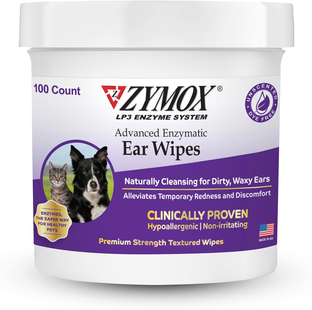 Wipes d'oreilles enzymatiques avancées Zymox pour chiens et chats - pour les oreilles dirty, Waxy, Smelly - Wipes nettoyantes d'oreille de haute résistance - non irritant - hypoallergénique - 100 ct