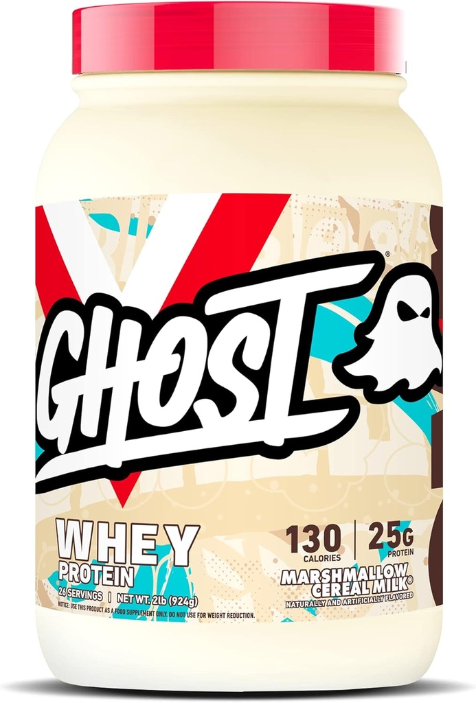 GHOST Poudre de protéines de lactosérum, lait céréalier de marshmallow - 2LB, 25G de protéines - Mélange de protéines de lactosérum - Après l'entraînement Fitness et nutrition Shakes, Smoothies, Cuisson et cuisson - Sans soja et sans gluten