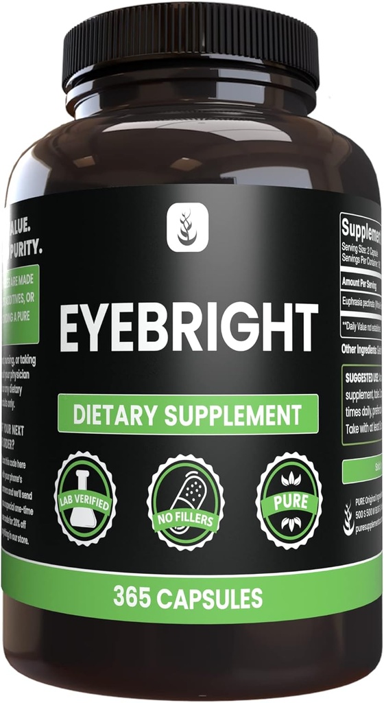 PURE ORIGINAL INGRÉDIENTS Eyebright (365 Capsules) Pas de Magnésium ou Rice Fillers, Toujours Pure, Verified Lab