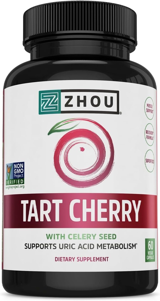 Zhou Tart Cherry Extract + Celery Seed - Tart Cherry Capsules pour hommes et femmes, Tart Cherry Concentrate Pills for Sleep & Uric Acid Cleanse, 1000mg Par Pill - 60 Capsules de Veggie (Pack of 1)
