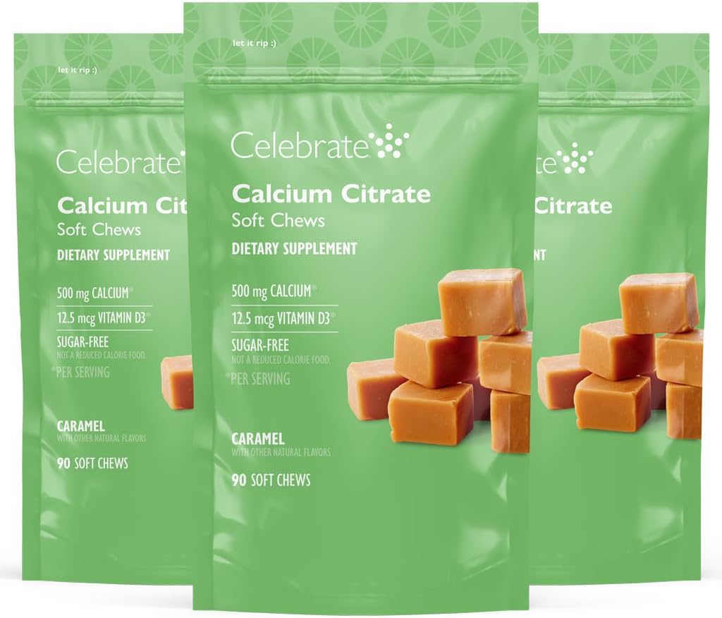 Célébrez les vitamines bariatriques 500mg Citrate de calcium avec 500 UI de vitamine D3 – essentiel pour les patients de passage gastrique et santé des os - sans sucre et sans gluten, caramel (270 Chews)