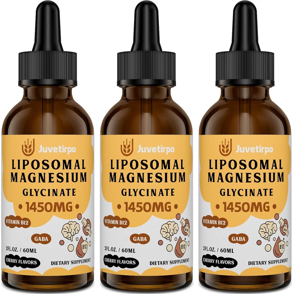 Glycinat de magnésium gouttes liquides - Tchélate liposomique avec goût de cerise pour l'absorption facile, favorise le sommeil, l'humeur, la santé intestinale et osseuse, réduit le stress - 60ML (2,04 Fl Oz (paquet de 3))