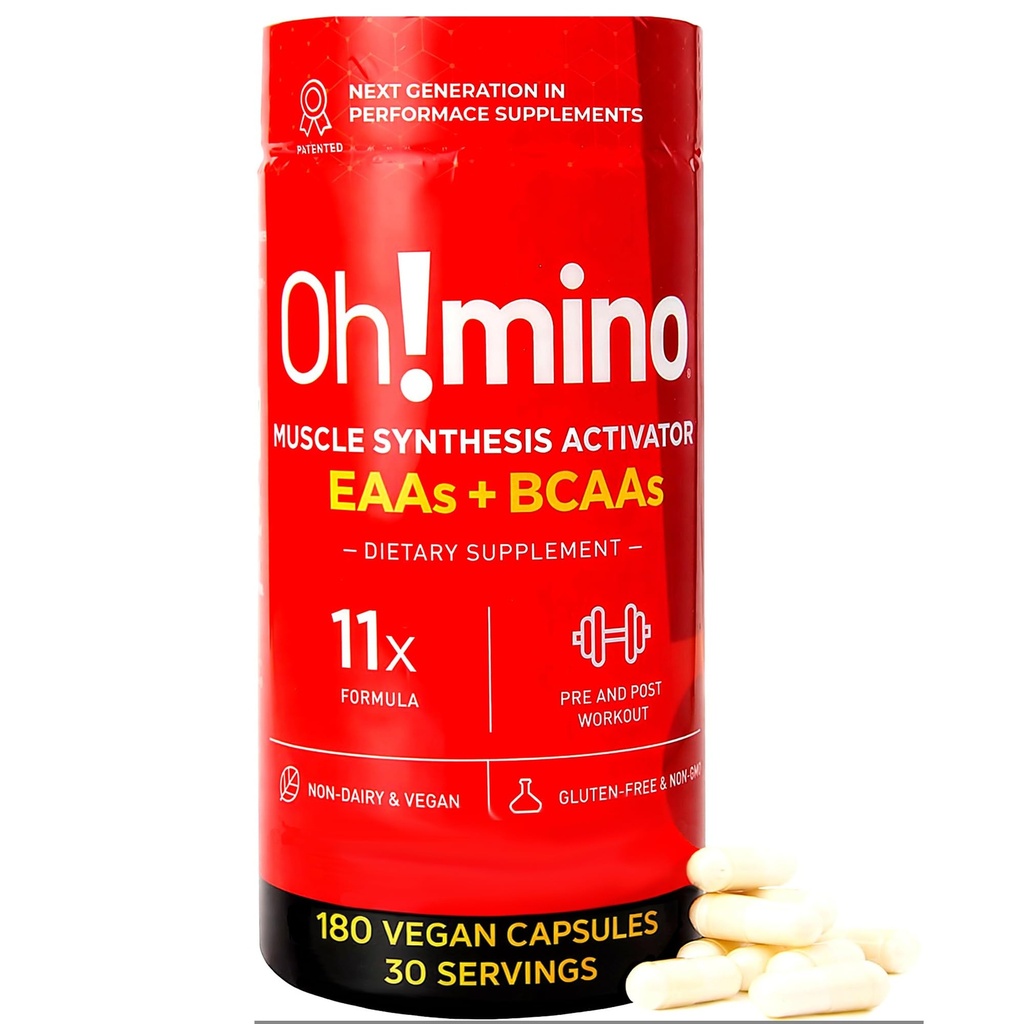 Oh!mino Essential Amino Acids Supplement, Caffeinated Capsules, All 9 EAAs, BCAAs, The Perfect Amino for Workouts, Amino Energy, and to Build Muscle, and Recover Faster