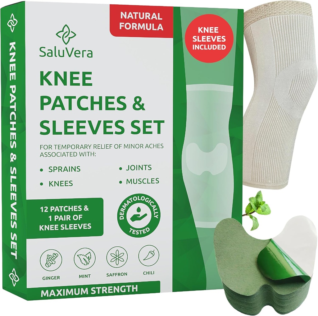 Patchs de genou à herbes chaudes avec 2 manches de compression - Patchs de soulagement auto-chauffant pour les hommes et les femmes, ingrédients naturels pour le soutien apaisant (12 Patch + 2 manches de compression)