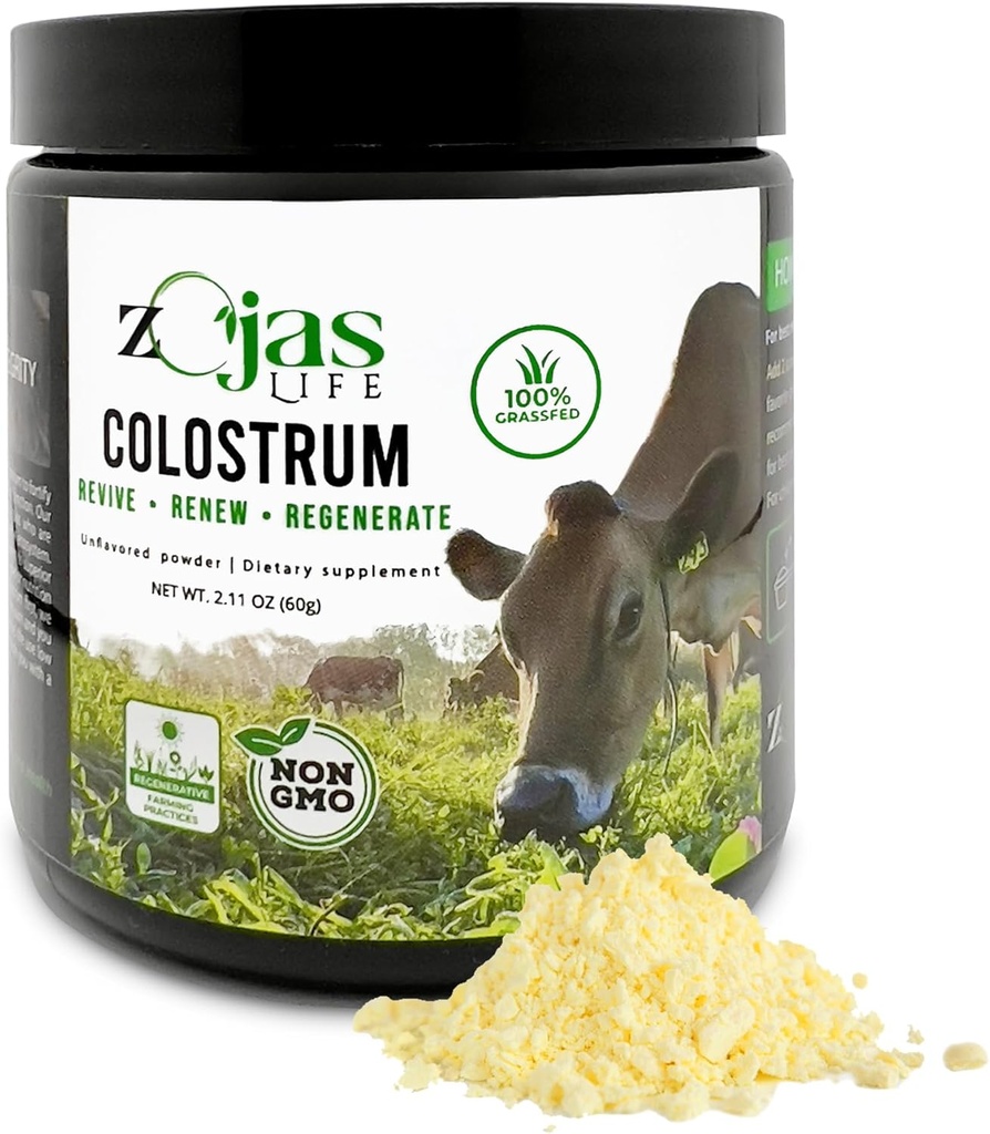 Supplément de colostrum, 100% herbacé, des fermes biologiques, Poudre de colostrum pour l'immunité, Santé Gut, Bien-être - Fabriqué avec des pratiques agricoles régénératives, 30 jours d'approvisionnement, Sans arôme