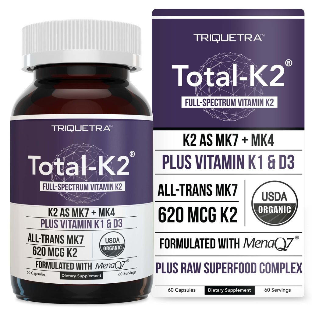 Total K2 ®= Vitamine K2 comme MK7 & MK4= Plus K1 & Vitamine D3 Cofactor - 620 mcg K2 par portion - MK7 trans de MenaQ7® - Vitamine K à spectrum complet - Végétalien, certifié biologique (60 capsules)