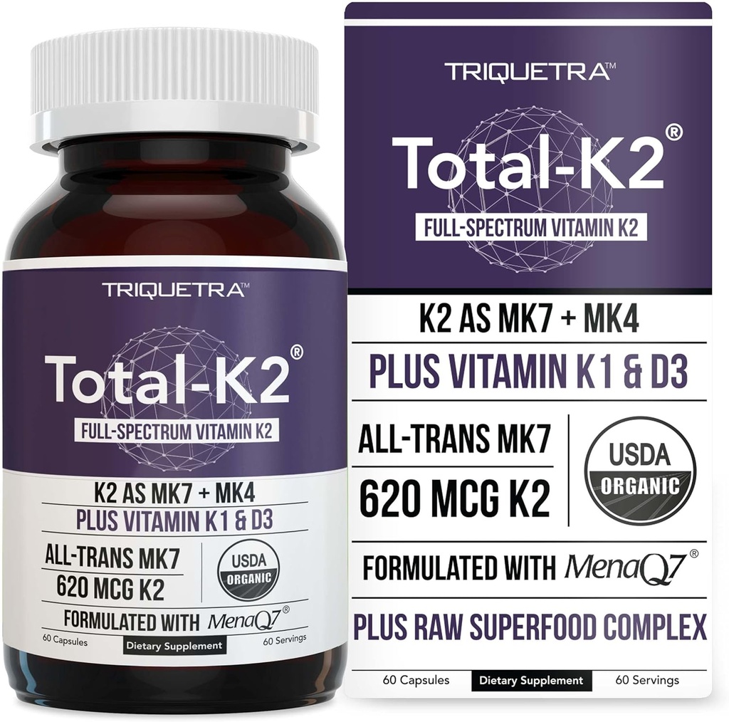 Total K2 ®= Vitamine K2 comme MK7 & MK4= Plus K1 & Vitamine D3 Cofactor - 620 mcg K2 par portion - MK7 trans de MenaQ7® - Vitamine K plein spectre - Vegan, certifié biologique (60 capsules)