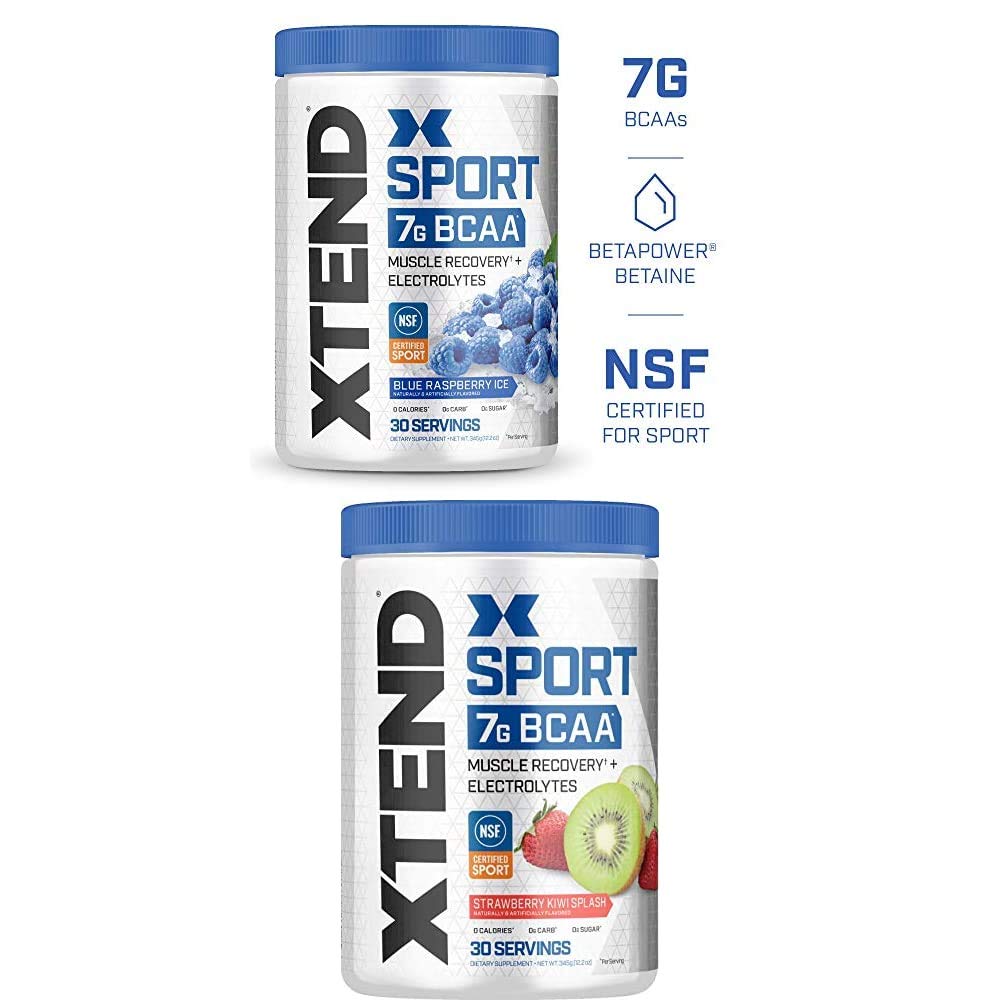 Scivation Xtend Hydrasport BCAA Poudre, Acides aminés à chaîne ramifiée, BCAAs, Zero Sugar Electrolyte Buvez Poudre + Hydratation, Blue Raspberry & Strawberry Kiwi, 30 portions Twin Pack
